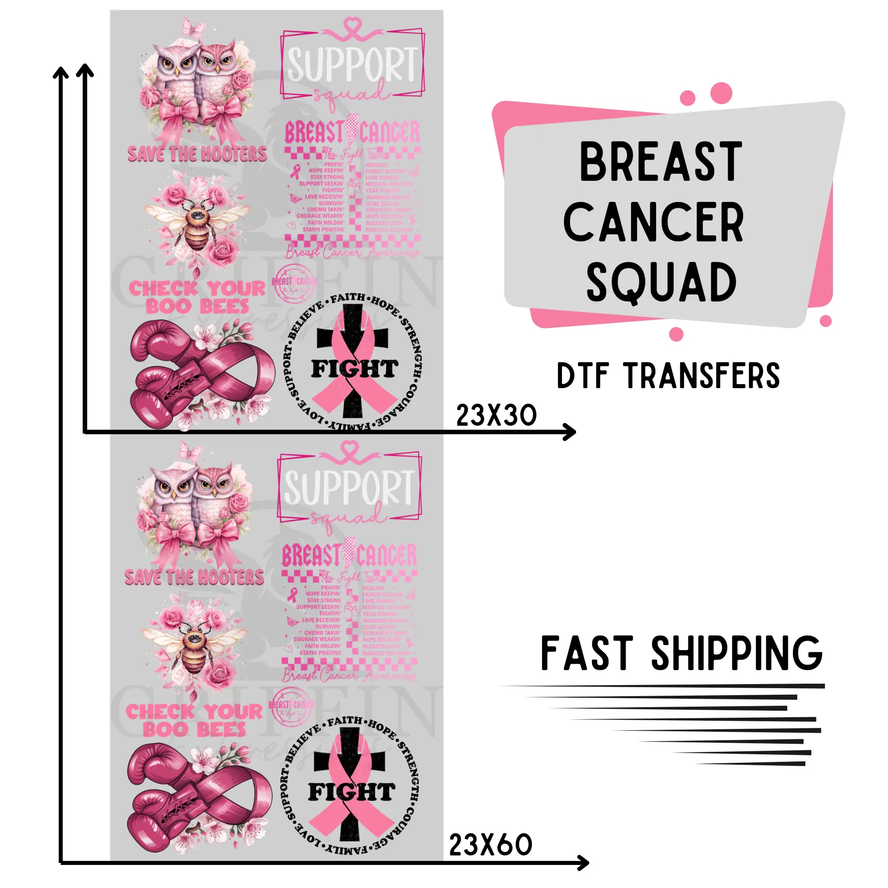 Breast Cancer | Premade DTF Transfer Gang Sheet For Graphic Tees