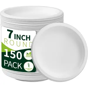 150-Pack Compostable 7-Inch Paper Plates – Heavy-Duty Sugarcane Fiber Eco Plates, Biodegradable Disposable Tableware for Dinner, Parties & BBQs