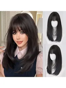 22 Inches Long Straight Black Layered Synthetic Hair Pre Cut Wigs for Women with Bangs for Daily Party Use