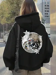 Women's Disco Ball Print Hoodie, Fashion Casual Hooded Sweatshirt for Daily Holiday Outdoor Wear, Women Clothing for Fall & Winter