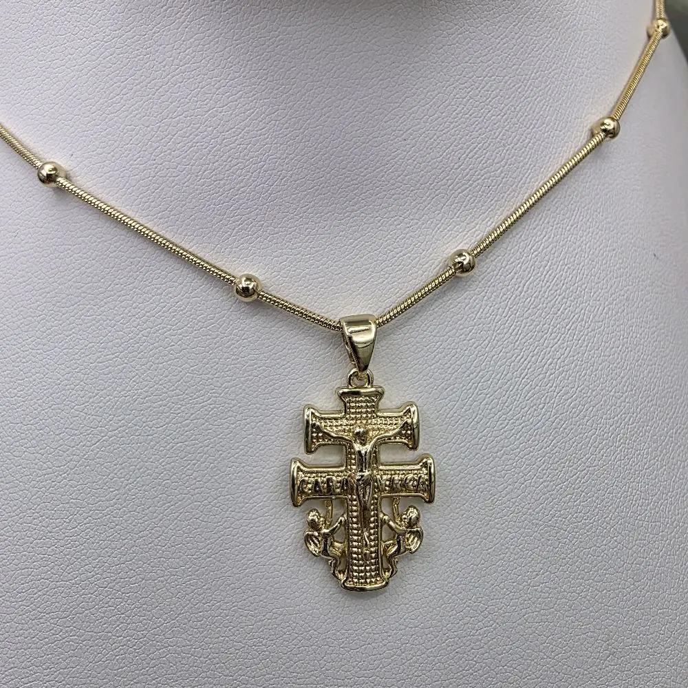 # 482 Female 14k Gold Plated Alloy Rosary-Style Necklace with Small Caravaca Cross Pendant, Metal Coating, Universal-Size Daily Wear Costume Jewelry