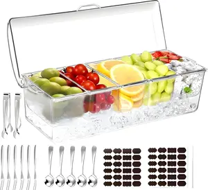 Large Ice Chilled Condiment Server  with 5 Removable Compartments (2.5 Cup), Clear Garnish Tray with   Fruit, Salad, Taco, Bar Platter  Including Free Stainless Steel Accesories