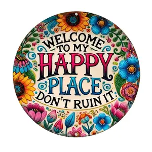 Welcome To My Happy Place Floral Sign Vintage Rustic Aluminum Metal Round Wall Sign, 8-inch Indoor Outdoor Gifts And Decor for Home, Office, Cafe & Yard Farm