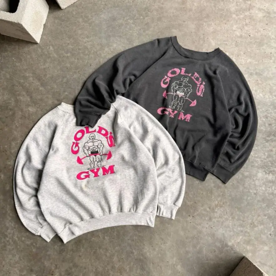 Golds Gym Pink Logo Sweatshirt, Classic Bodybuilding Sweatshirt, Pullover Gym Sweatshirt, Fitness Training