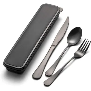 4-pieces Travel Set with Case Portable Silverware Utensils Set for work, Stainless Steel  Flatware Set Cutlery Set for Camping Picnic Hiking Office (6.7inch, Matte Black)