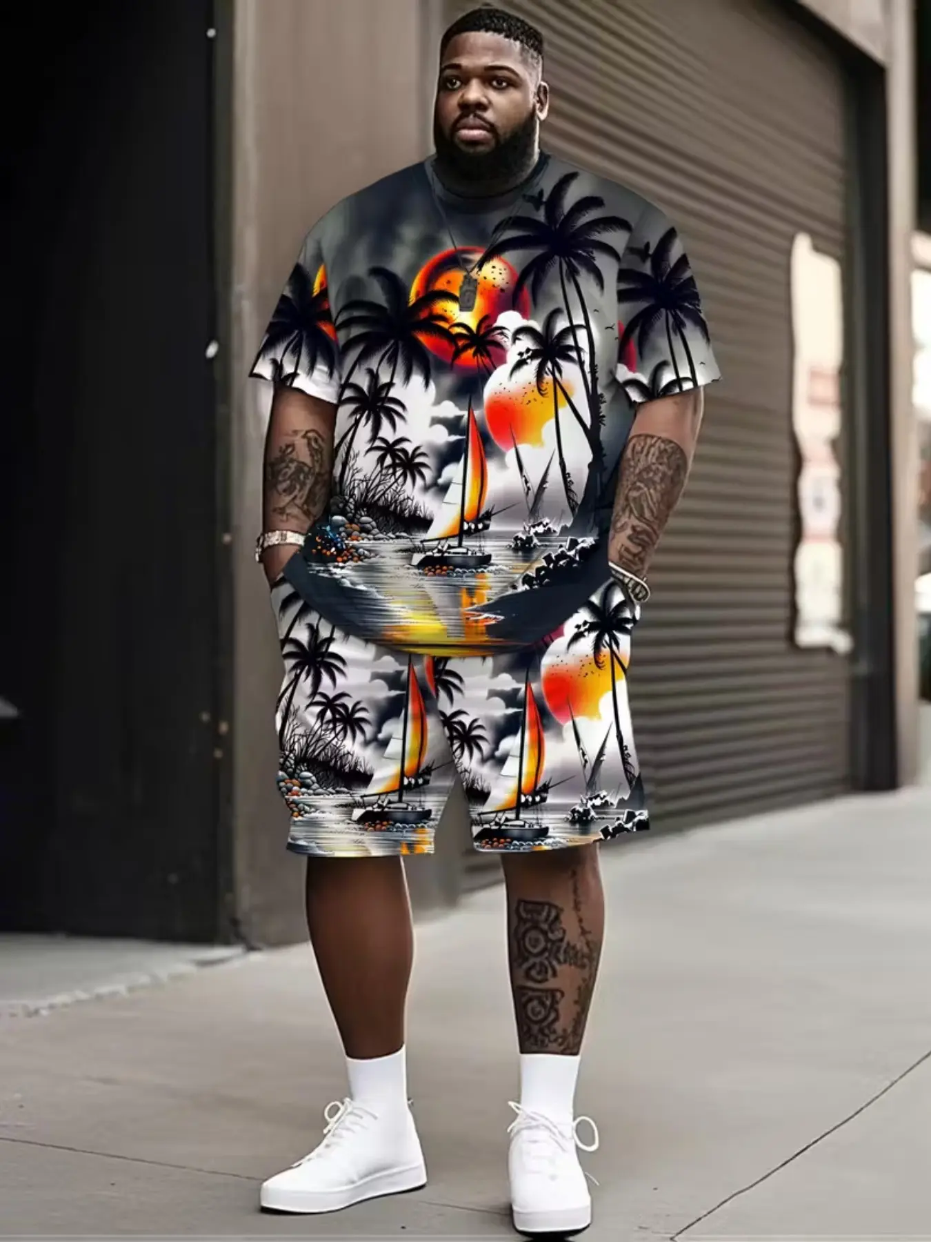 Men's Large Size Tropical Palm Tree Print Geometric Casual Round Neck Crewneck Matching Top & Shorts Set, Menswear Comfortable 2 Piece Outfit Clothes Go Out Sets for Home, Travel, Beach, Gift