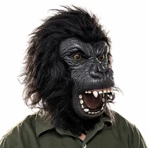 Realistic Roaring Gorilla Mask with Faux Fur, Scary Ape Latex Animal Head Cover, Creepy Mascot Costume Prop for Halloween & Theme Party