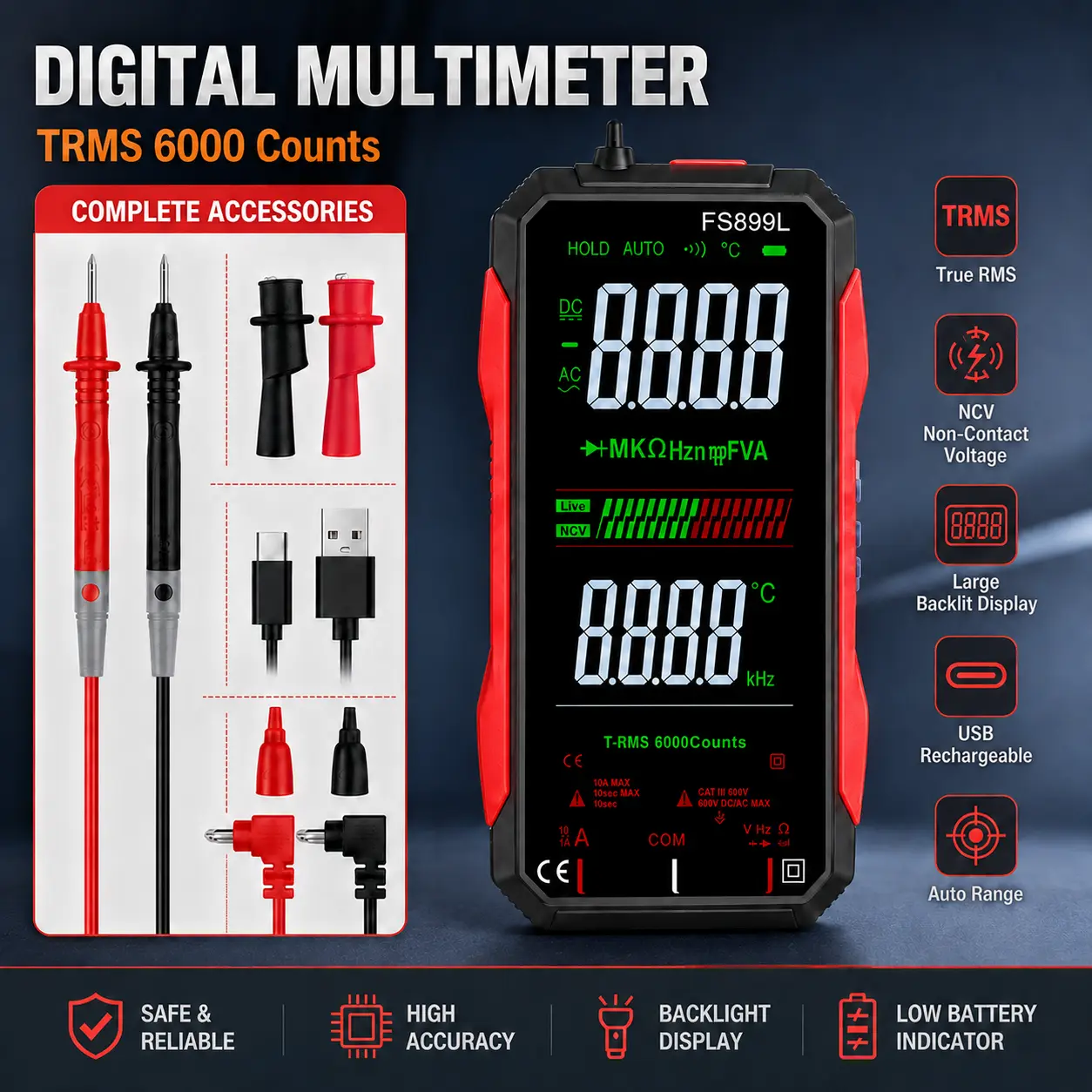 True RMS 6000-Count Digital Multimeter, USB Rechargeable, NCV Voltage Detector, Backlit Display – Reliable Tool for Home, Auto & Electrical Repairs