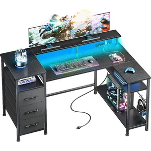 Furologee 47 In Black L Shaped Computer Desk with Charging Station Reversible Gaming Desk LED Lights File Cabinet Monitor Stand Storage Shelves Home Office