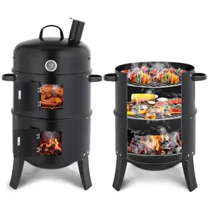 Upgraded 18 Inch Vertical Charcoal Smoker, Multi-Layer Round Grill with Thermometer & Chimney, Heavy Duty Outdoor BBQ Smoker for Patio Parties, Backyard Cooking