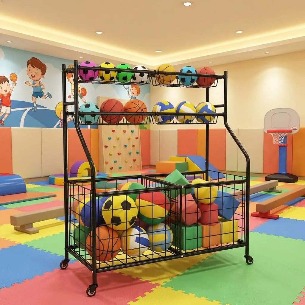 Heavy-Duty Ball Storage Rolling Cart Organizer Hangers & Pegs - Open Frame Single Unit with Wheels, Large Capacity Utility Cart for Balls, Sports Gear & Toys, Mobile Indoor-Outdoor Home Gym Organizer