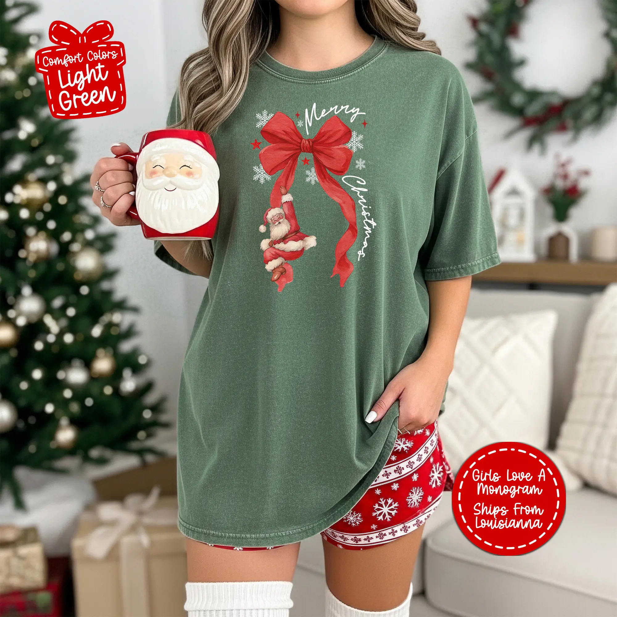 Comfort Colors Santa On A Bow T-Shirt for Women Festive Holiday Graphic Tee Winter Coquette Style Red Bow TShirt Top Womenswear Pastel Christmas Coquette Style Casual Crewneck Shortsleeve