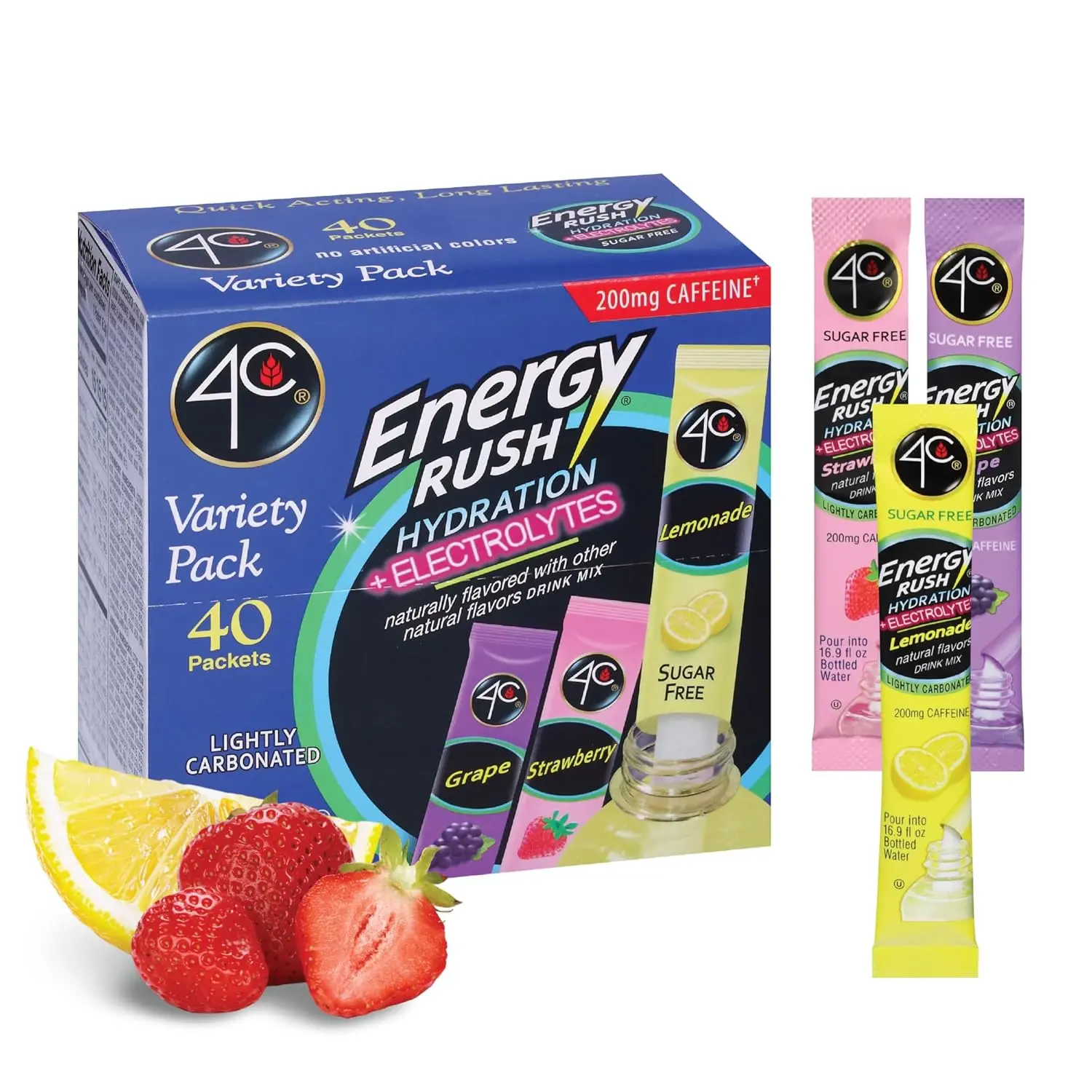 Energy Rush PSD with Electrolytes Variety Pack Stix, 40 ct (14 Lemonade, 12 Strawberry/14 Grape) | Electrolyte powdered drink mix with 40 single-serve sticks; 14 Lemonade, 12 Strawberry & 14 Grape for water flavoring