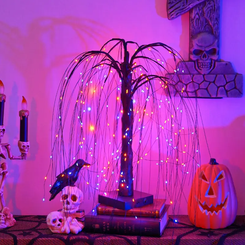 24-in Spooky Black Artificial Willow Tree Halloween Horror Decoration, 24 Purple/Orange LED Lights, USB-Battery Powered, Includes Crow & Pumpkin + 3 Halloween Extras, Desktop Ornament for Indoor Home Decor