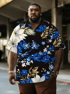 Men's Base Blue Gold Floral Shirt, Vintage Colorblock Plus Size, Summer Breathable Comfort, Casual Daily Wear