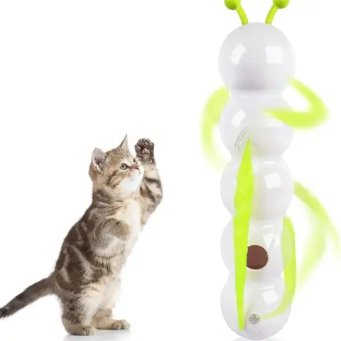 All For Paws Interactive Cat Feather Toy Suction Cup Caterpillar Whack 'A' Prey with Automatic Fluffy Tail Teaser Motion Sensor USB Rechargeable for Indoor Cats