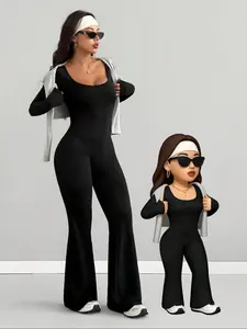 Women's Fashion Fitted Long Sleeve Jumpsuit, Flared Bell Bottom Leg Casual Elegance, Lightweight Polyester Fabric for Vacation and Leisure Wear, Womenswear