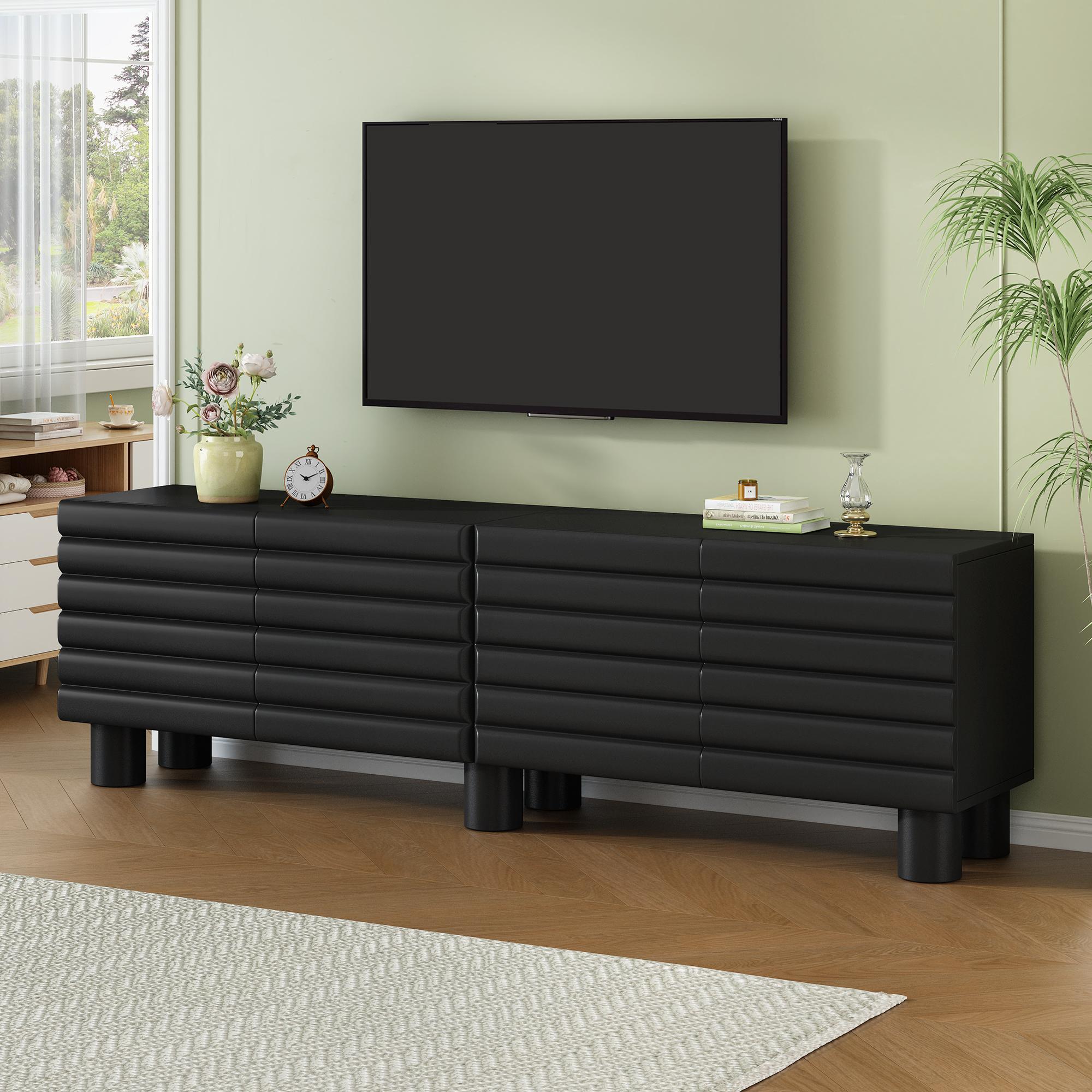 Modern Farmhouse MDF Wood Rectangular TV Stand - Cream White Single Unit for 75" TV, Wavy Door Media Console with Adjustable Shelves, 8 Cable Holes, Cylindrical Legs, Living Room Storage, Requires Assembly