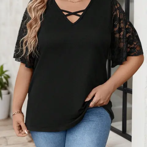 Women's Plus Size Basic Casual Everyday Short Sleeve V Neck Lace Patchwork Solid Color T-Shirt, Summer Chic Fashion Versatile Top, Comfortable Fabric, Casual Comfy Clothes, Womenswear