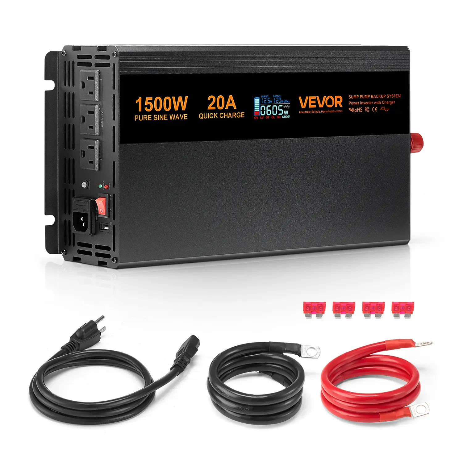 VEVOR Sump Pump Battery Backup System with 1500W (3000W Peak) Pure Sine Wave Inverter, 13.6A Fast Charging, 20A Max, Auto Switch, LCD Display, 3-Pin 3.94ft Charging Cable, Plug-and-Go Basement Emergency Backup Power (Cell-Compatible)