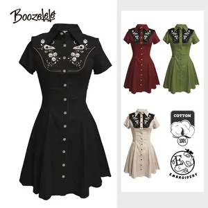 [Embroidery]Boozelele Embroidery Vintage Western  Flower and Raven Skull 100% Cotton Dress,Double Pockets,Western Dress,Gothic Dress,Casual Womenswear, Shortsleeve, Collared