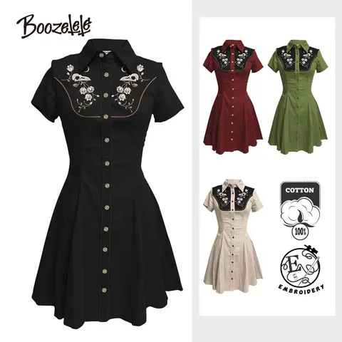 BOOZELELE Women's 100% Cotton Retro Western A-Type Embroidered Dress - Hand-painted Art, Flower & Raven Skull Design, Short Sleeve, Collared, Double Pockets, Button Front, Gothic Casual Going Out Dress