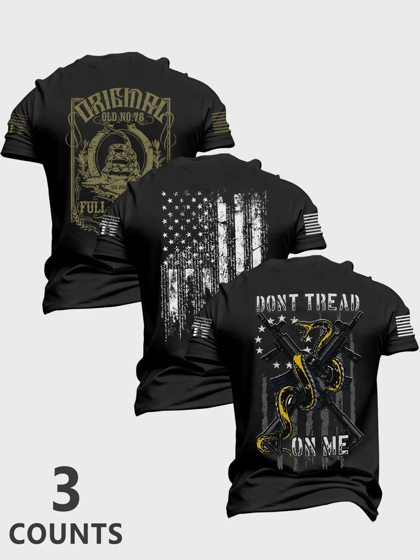 3-Pack Men's Flag Snake Series Short Sleeve Casual T-Shirts, Summer Fashion Outdoor Travel Tops, Trendy Fitted Print Tees