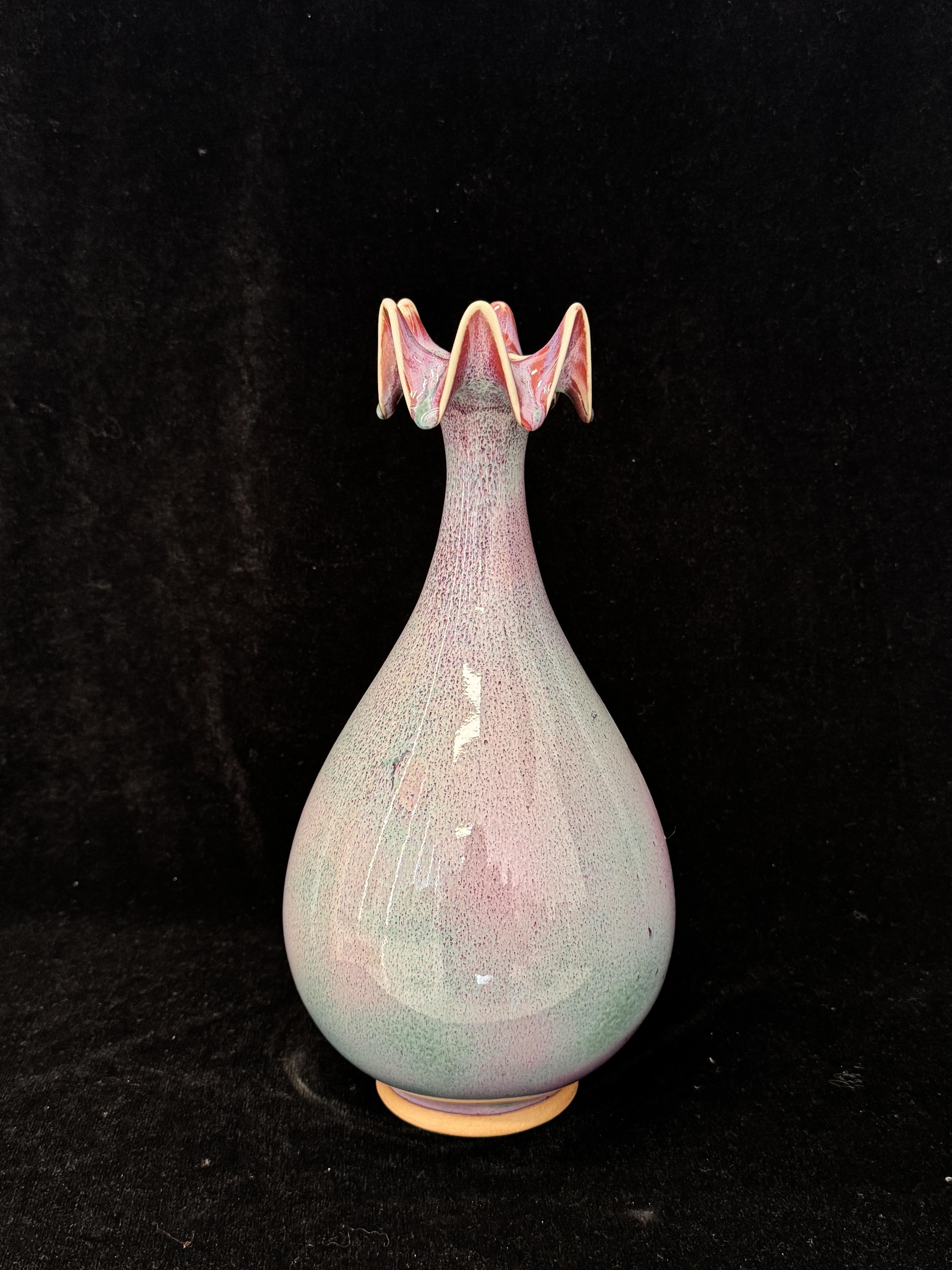 Handmade Chinese Jun Porcelain Vase with Ruffled Flower Top, Vintage Pink-Green Kiln-Fired Glaze Ceramic Vase, Unique Asian Art Home Decor