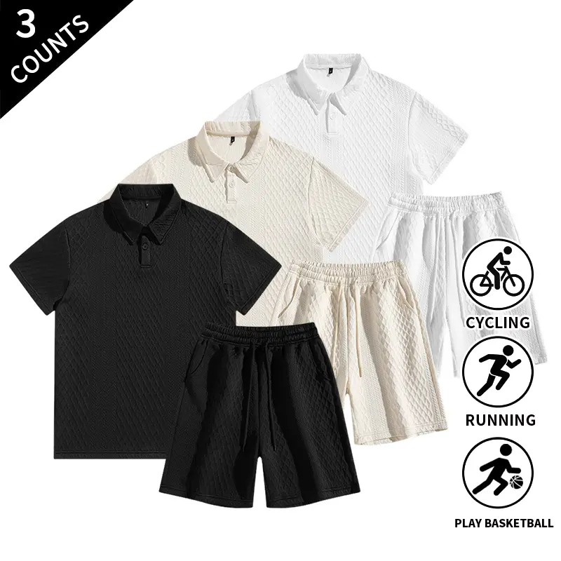 3-Pack Men’s Textured Polo Shirt & Shorts Set, Standard Fit, Short-Sleeve Collared Top with Matching Shorts for Cycling, Basketball, and Outdoor Workouts
