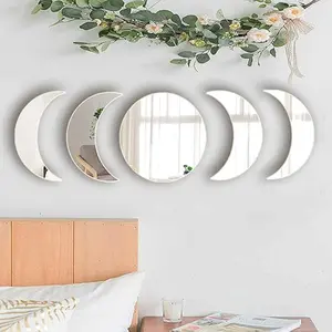 Mirror Wall Stickers Self Adhesive Moon Phase Mirrors 5-Piece Acrylic Bohemian Wall Decor for Home Living Room Bathroom Bedroom (20cm)