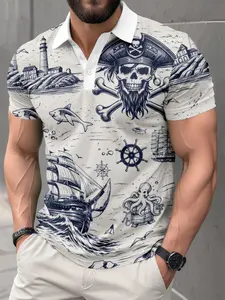 Men's Vintage Pirate Nautical Print Collared Polo Shirt, Unique Skull Steering Wheel Short Sleeve Top, Casual Fitted Graphic Tee