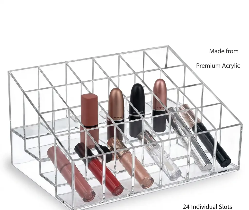 MOSIKER Lipstick Organizer, Clear Plastic Lip Gloss Holder with 24 Slots | Small vanity storage for balm, mascara, perfume samples, essential oil rollerball bottles, and slim beauty tubes