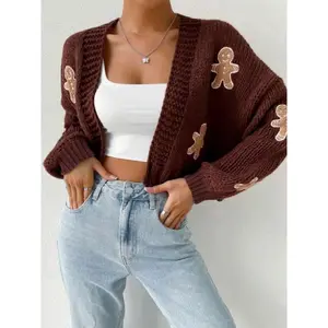 Women's Gingerbread Man Pattern Drop - Shoulder V - Neck Cropped Knit Cardigan Sweater For Winter  Fall Long Sleeve Casual