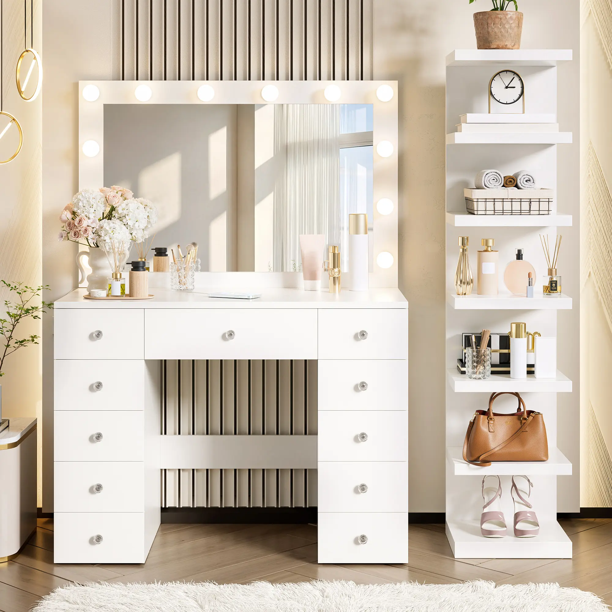 Women's White Hollywood-Style Vanity Desk - Sturdy MDF+Glass Dressing Table with Hollywood Lighted Mirror, 11 LED Bulbs 3-Color Adjustable LED Lighting, 11 Drawers, 7 Storage Shelves, Built-In Charging Station, Crystal Handles, Perfect Gift Idea for Wives