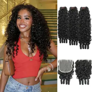 Burmese Curly  Human Hair with Closure 3  16 18 20 + 14 Inch 5x5  Lace Closure Pre Plucked 3C4A Water Wave with Sprial Curly End Quick Weave Hair Extensions  Black