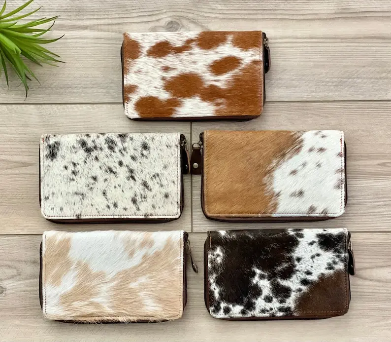 Cowhide Leather Zip Wallet Wristlet Western Boho Clutch Rodeo Cowgirl Gifts