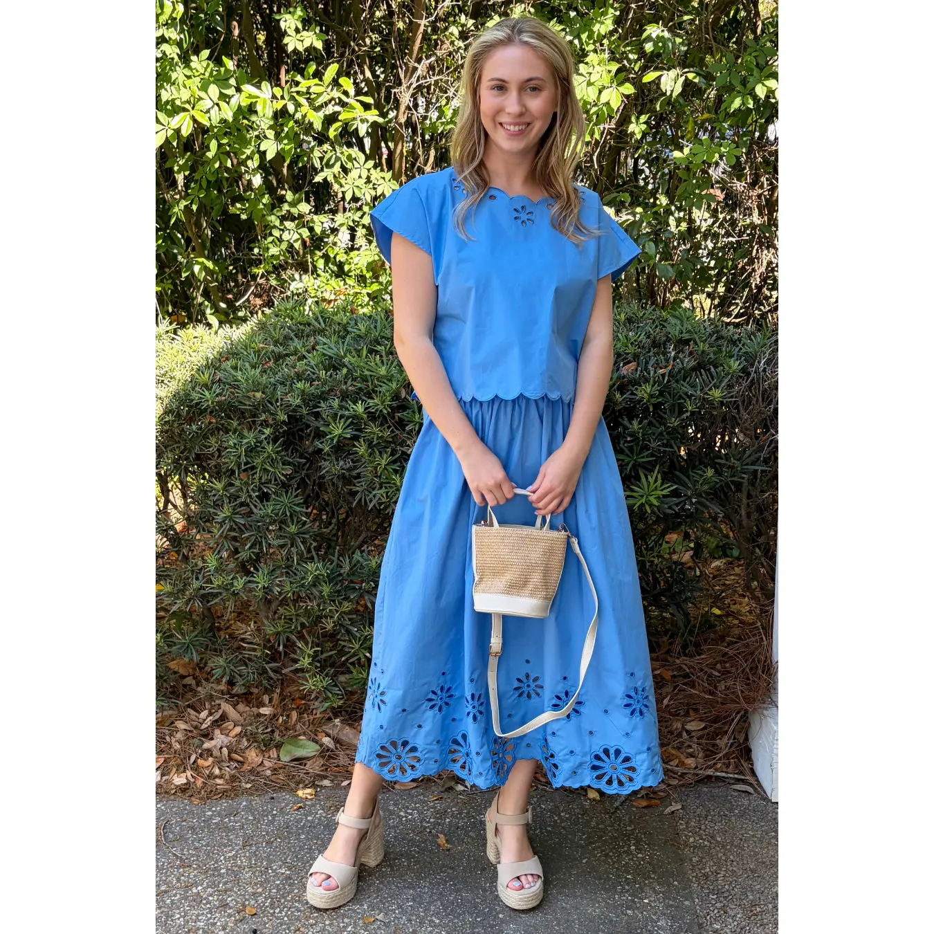 Isabelle Blue Midi Skirt with Eyelet Hem and High Waist Flowy Fit