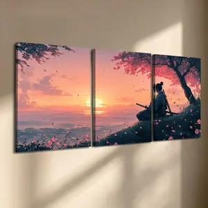 3 Pcs/Set Wooden-Framed Canvas Painting, Anime Style Samurai Sunset Triptych Canvas Wall Art, Cherry Blossom Landscape Print for Living Room, Bedroom, Office Decoration, Modern Home Decor, Fashion Artistic Ornaments, Artwork