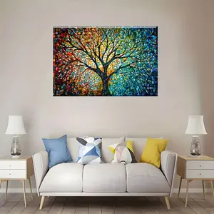 Wooden Frame Tree of Life Wall Art Canvas -Leaf Pattern,Landscape- Ready to Hang,Painted Artwork for Kitchen,Home Office,Living Room,Bedroom Decor