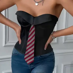 Women's Half Top Corset Style with Tie - Black Corset Top Featuring Striped Tie Detailing