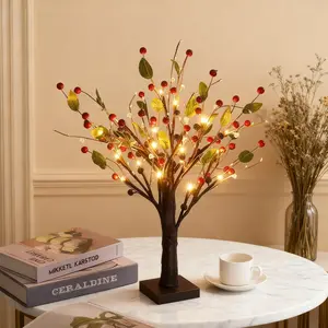 1 set red & gold berry tree, 24 LED lights - battery box powered, Christmas decoration lights, imitation red berries - ideal romantic indoor home decoration Ornaments
