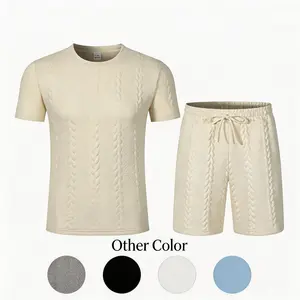Men's Two Piece Short Set Men's Summer Casual Set Crew Neck T-Shirt Drawstring Shorts Cable Knit Textured Solid Color Breathable Stretch Lightweight Comfortable Loungewear For Beach Gym Daily Wear Street Style Vacation outdoorfun