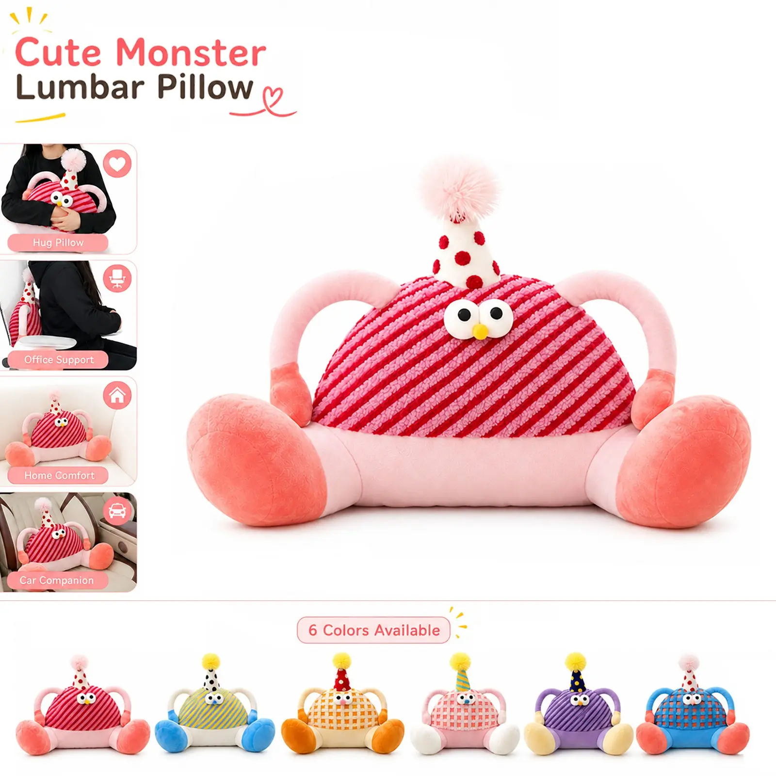 Cute Monster Plush Lumbar Pillow, Soft Cartoon Waist Support Cushion, Waist Wedge Bolster, Funny Stuffed Back Pillow, Bed Backrest Cushion for Sofa, Bed, Office Chair, Car Seat, Cozy Gift