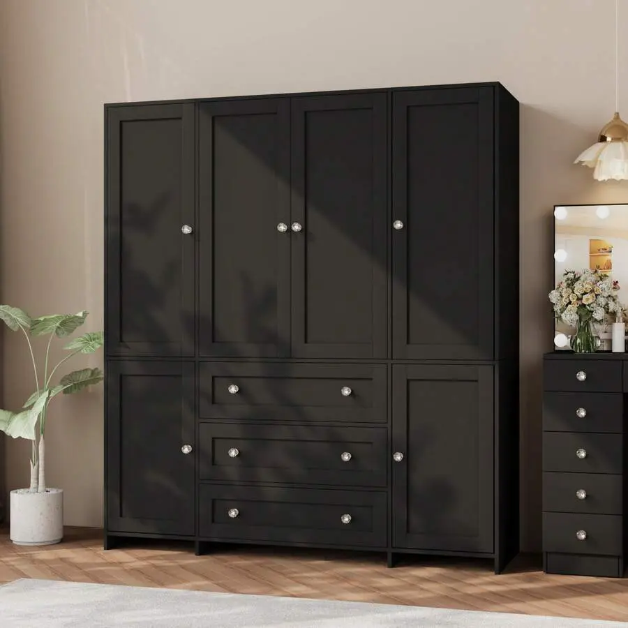 71" Classic Sturdy Freestanding Bedroom Wardrobe Armoire - Rectangular Single Unit Closet With Mirror, 3/6 Large Drawers, 2/4 Doors, Flat Base Clothes Storage Organizer Cabinet, Halloween Gift