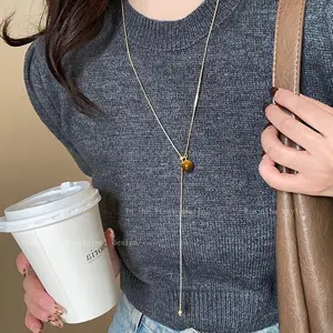 1-piece Women's Elegant Y-shaped Long Necklace - Gold-toned Bead Knit Chain, Suitable for Daily and Formal Occasions, Valentine's Day Gift, Luxurious Necklace for All Seasons, Versatile Accessory, Delicate Design, Fashionable Bead Jewelry, Stylish Stateme