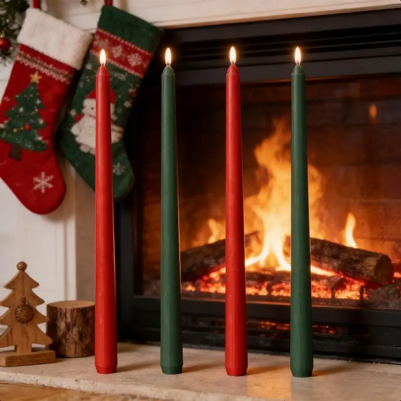 4pcs Handmade Soy Wax Taper Candle Set - Red & Green 11.81in Large Stick Candles, 8-Hour Burn Time, Casual Plain Home Supplies with Box, for Christmas Table Decor, Wedding Church Gifts, Ceremony, 8 Hours