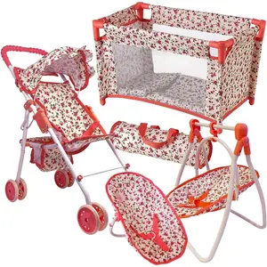 Baby Doll Stroller and Crib Furniture Playset, Multi Baby Doll Accessories Set for 18" Dolls, Includes Stroller Swing Doll Bed Pretend Play - Floral