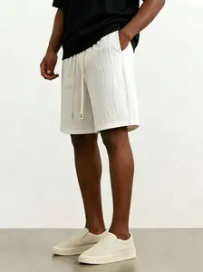 Men’s summer casual athletic shorts, loose straight cut, breathable knit fabric, jacquard wavy stripe design