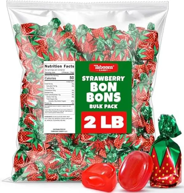 Strawberry Filled Hard Candy Bon Bons 2 lbs Bulk Pack - Individually Wrapped Fruit-Filled Candy, Classic Strawberry Hard Candy for Office Treats, Parties, and Snacks