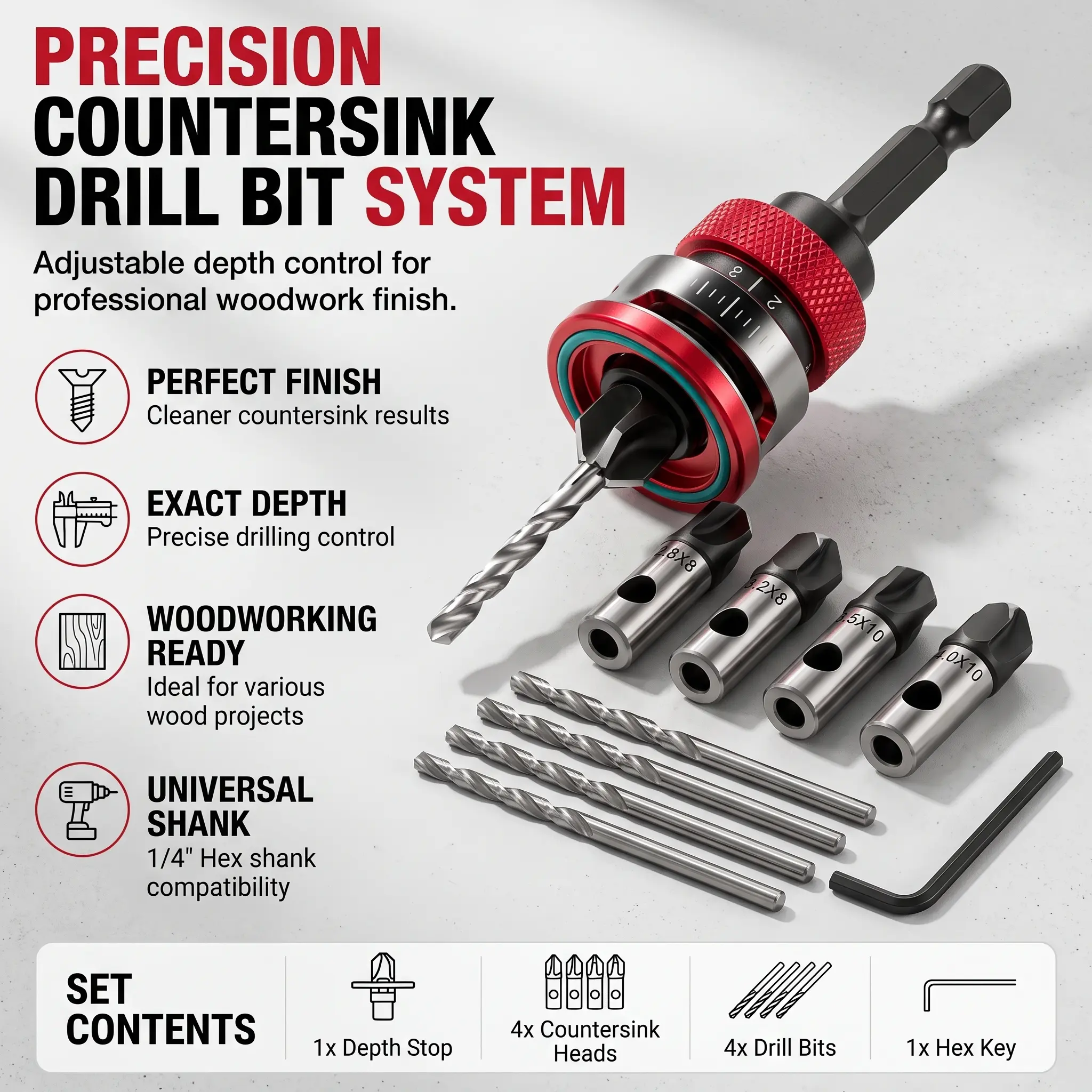 4PCS Countersink Drill Bit Set, High Carbon Steel 4-Blade Woodworking Bits with Adjustable Depth Stop & L-Shape Wrench, Precision Countersink Drill Bits for Wood, Plastic, Drywall, MDF & Plywood, Cabinet Assembly, Furniture Repair & DIY Projects